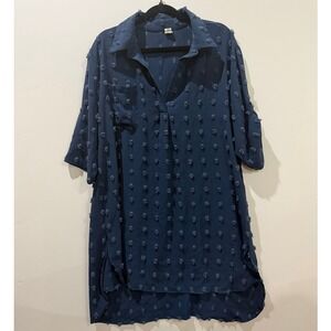 Navy Blue Swiss Dot Pom Pom Tunic Dress XL Roll Tab Sleeve High Low Hem
